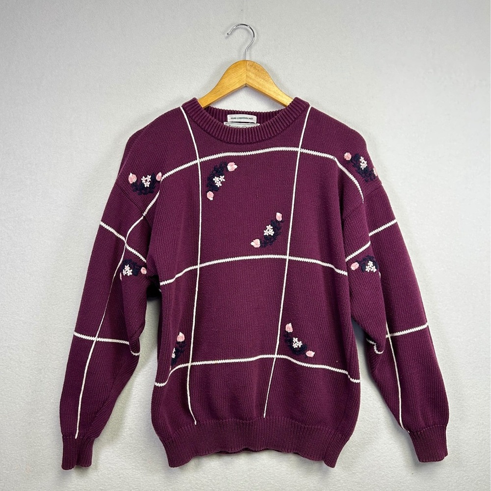 IZOD Club Burgundy Hand Embroidered Floral Grid Sweater Women's L Cotton‎